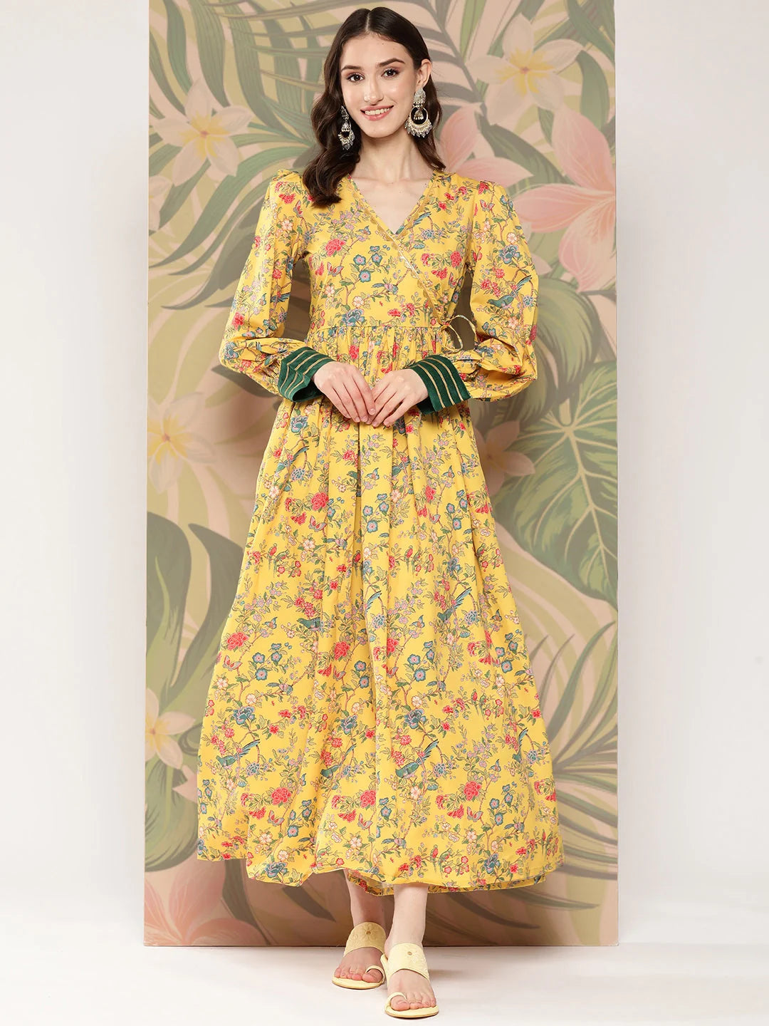 Yellow Floral Printed Tie-Ups Empire Ethnic Dress-AHEDCRDP-157-ICH