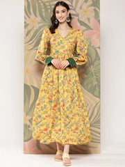 Yellow Floral Printed Tie-Ups Empire Ethnic Dress-AHEDCRDP-157-ICH