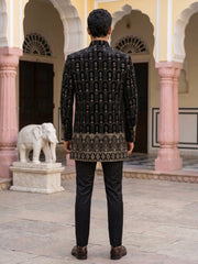 Men's Velvet Embroidered Indo-Western Set ( 50JIND 217Black )
