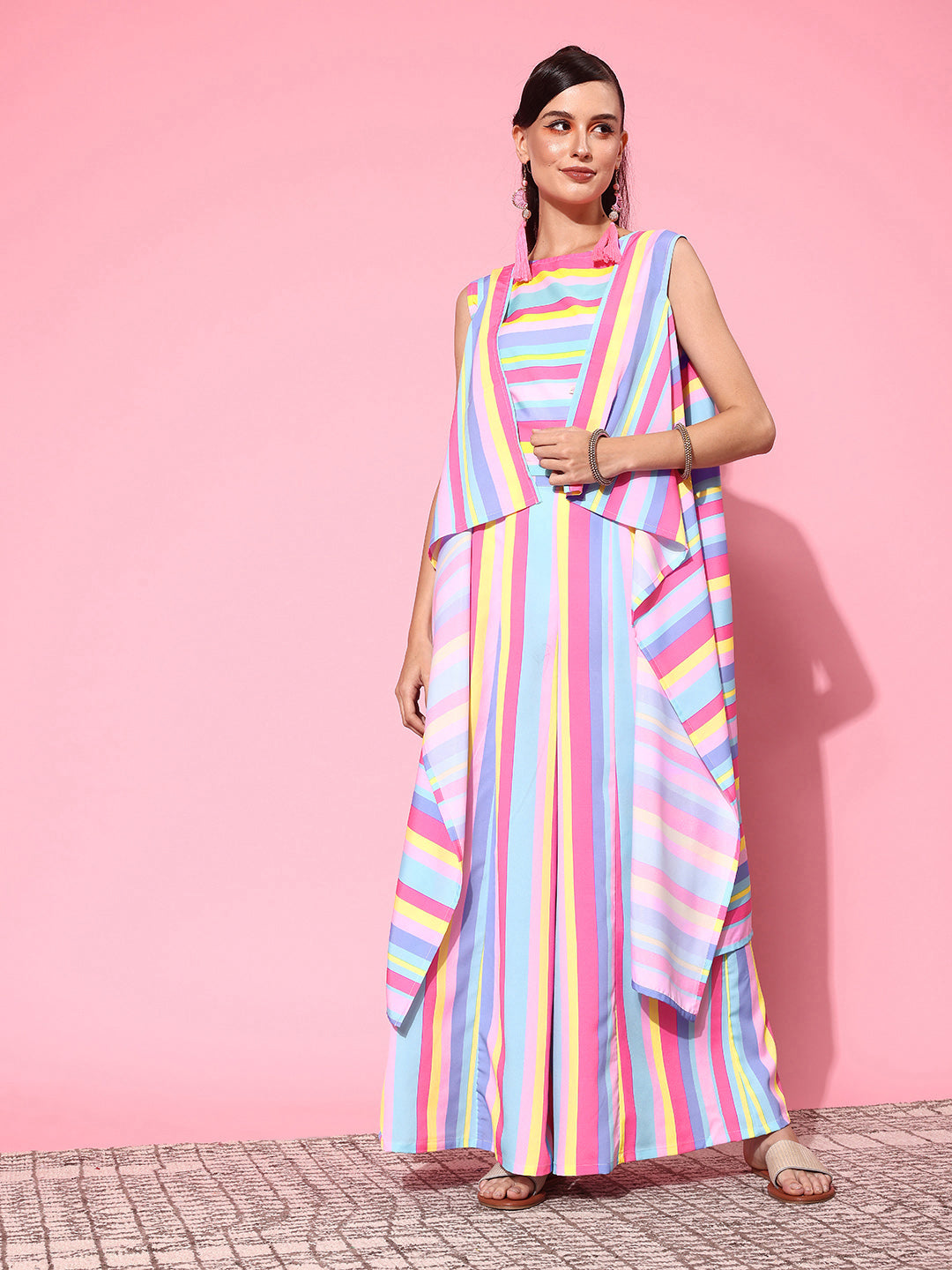 Multi Colour Striped Top with Palazzos & With Shrug-AHCTPZJK-COMBO-770-FF