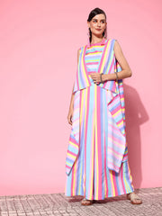 Multi Colour Striped Top with Palazzos & With Shrug-AHCTPZJK-COMBO-770-FF
