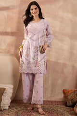Lavender Pure Cotton Embroidered Scalloped Coord Sets VCORD1162