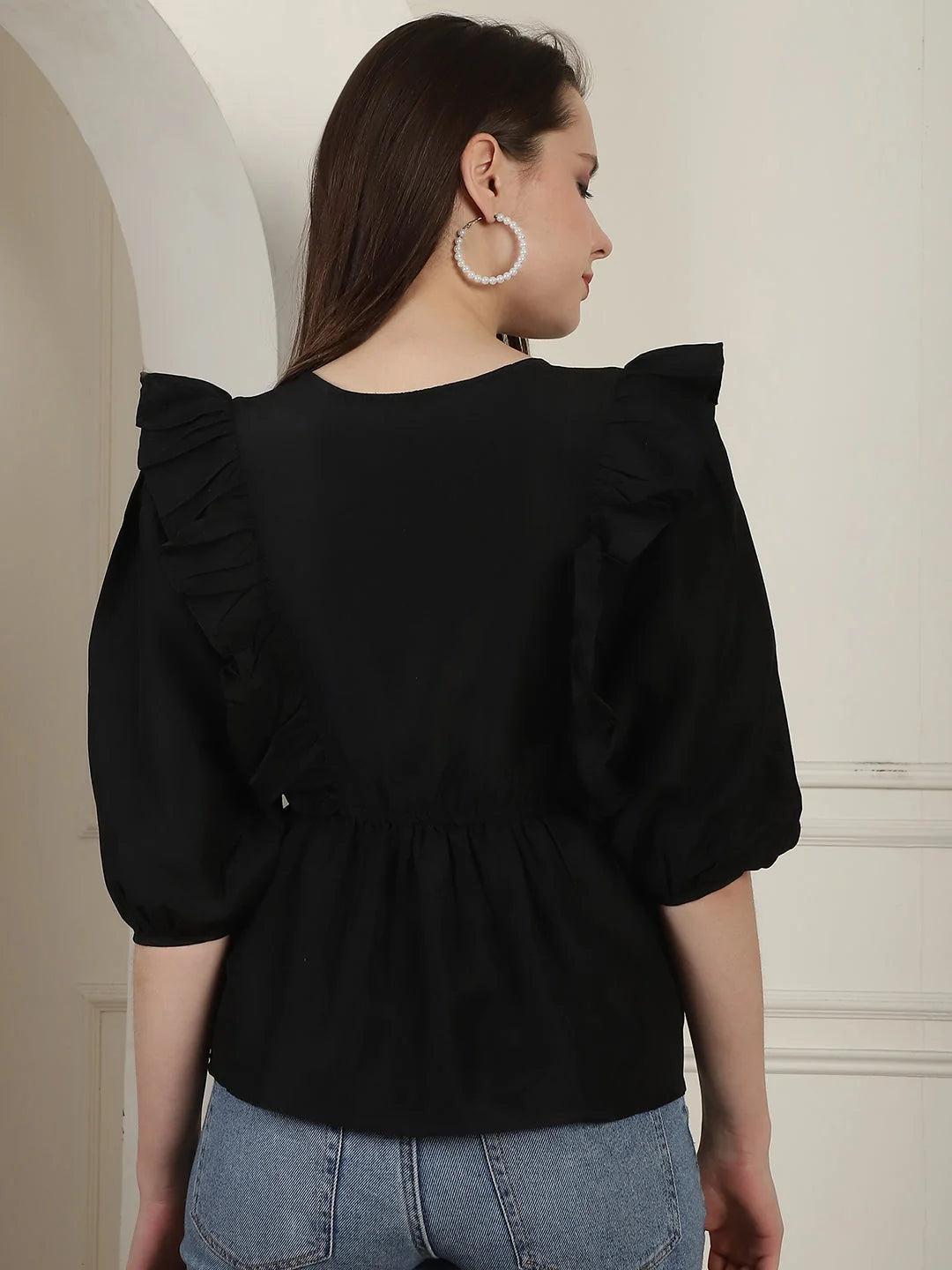 Black Cotton Blend Frill Top - Women's Tops & Blouses