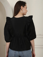 Black Solid Women's Top With Frills-JNT-2024Black