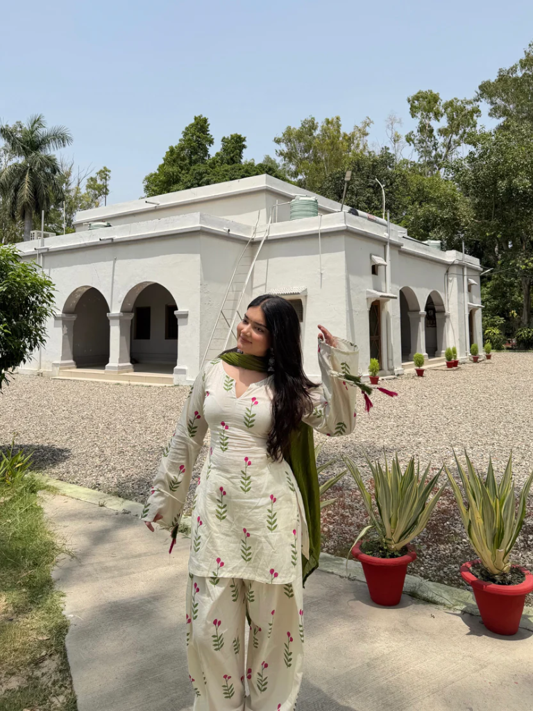 Off White Floral Printed Cotton Kurta Palazzo Set with Olive Green Dup