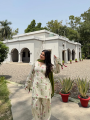 Off White Floral Printed Cotton Kurta Palazzo Set with Olive Green Dupatta