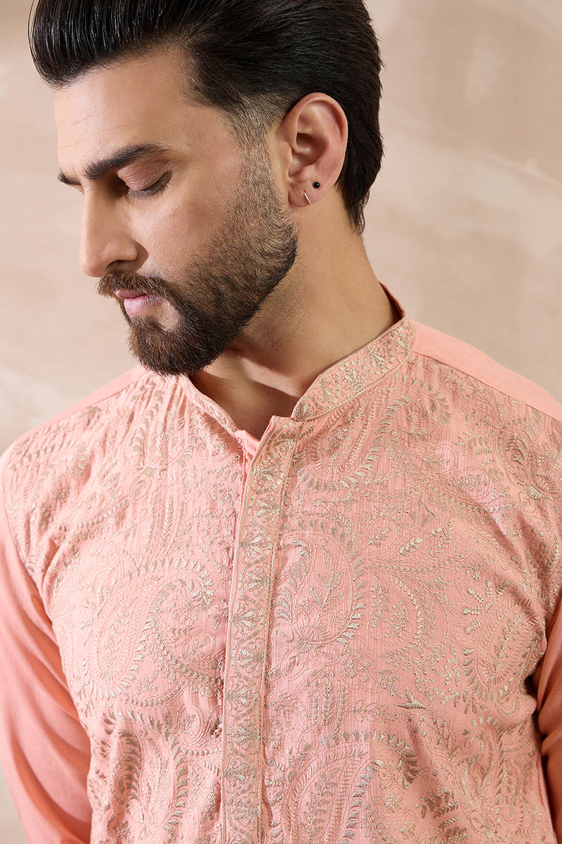 Peach Silk Blend Embroidered Mandarin Collar Straight Kurta MKU2045