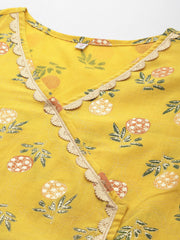 Mustard Yellow & Green Floral Printed Embellished Pure Cotton Tunic-AHCOGP-8153