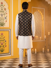 Men's Black Printed Nehru Jacket With Solid Kurta Pyjama ( JOKPWC 592W 4032Black )