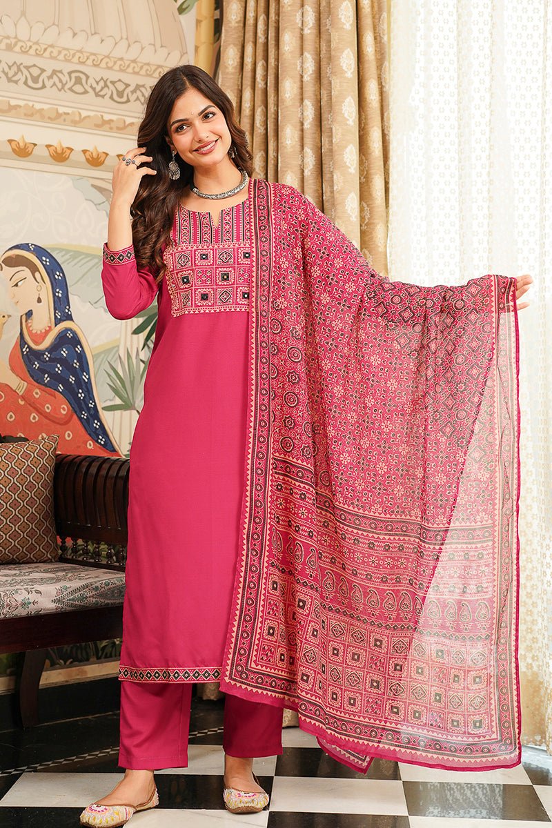 Pink Rayon Blend Ajrakh Printed Straight Kurta Trousers With Dupatta PKSKD3069