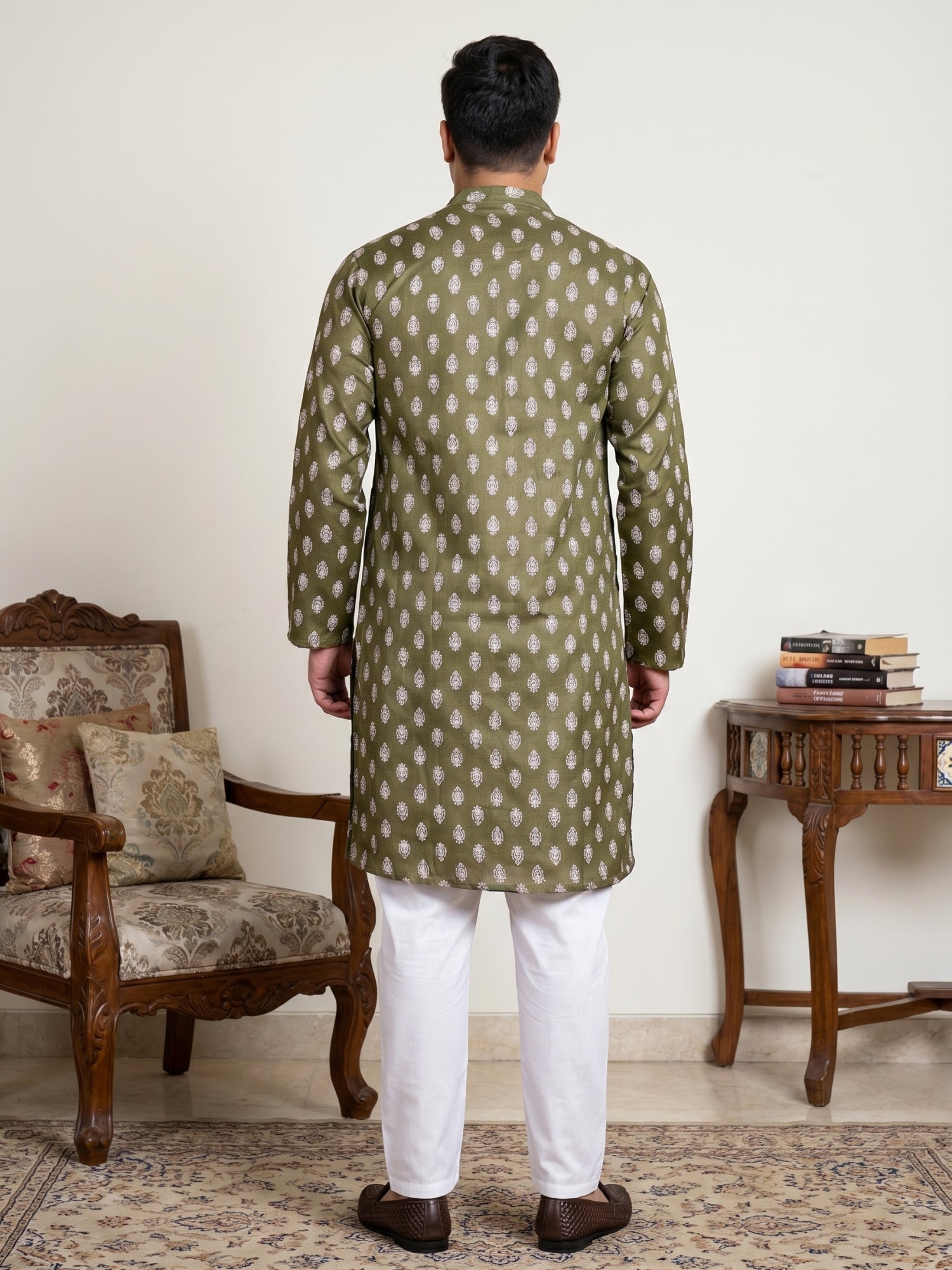 DesiQlo Men Printed Kurta Pyjama Set - Green - JOKP_650Olive_3XL