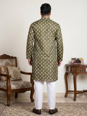 Floral Printed Kurta with Pyjama for Men ( JOKP 650Olive  )