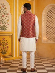 Men's Maroon Printed Nehru Jacket With Solid Kurta Pyjama ( JOKPWC 592W 4032Maroon )