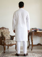 Men's Cotton Striped Kurta Pyjama Set ( JOKP P 5207White  )