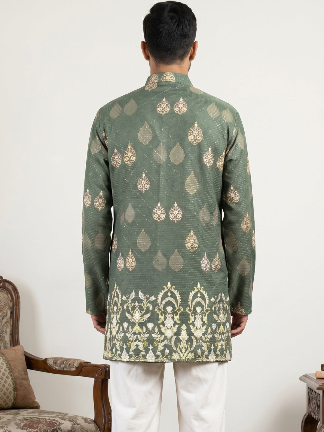 DesiQlo Men Printed Kurta Only - Green - 65KO_5590Olive_S