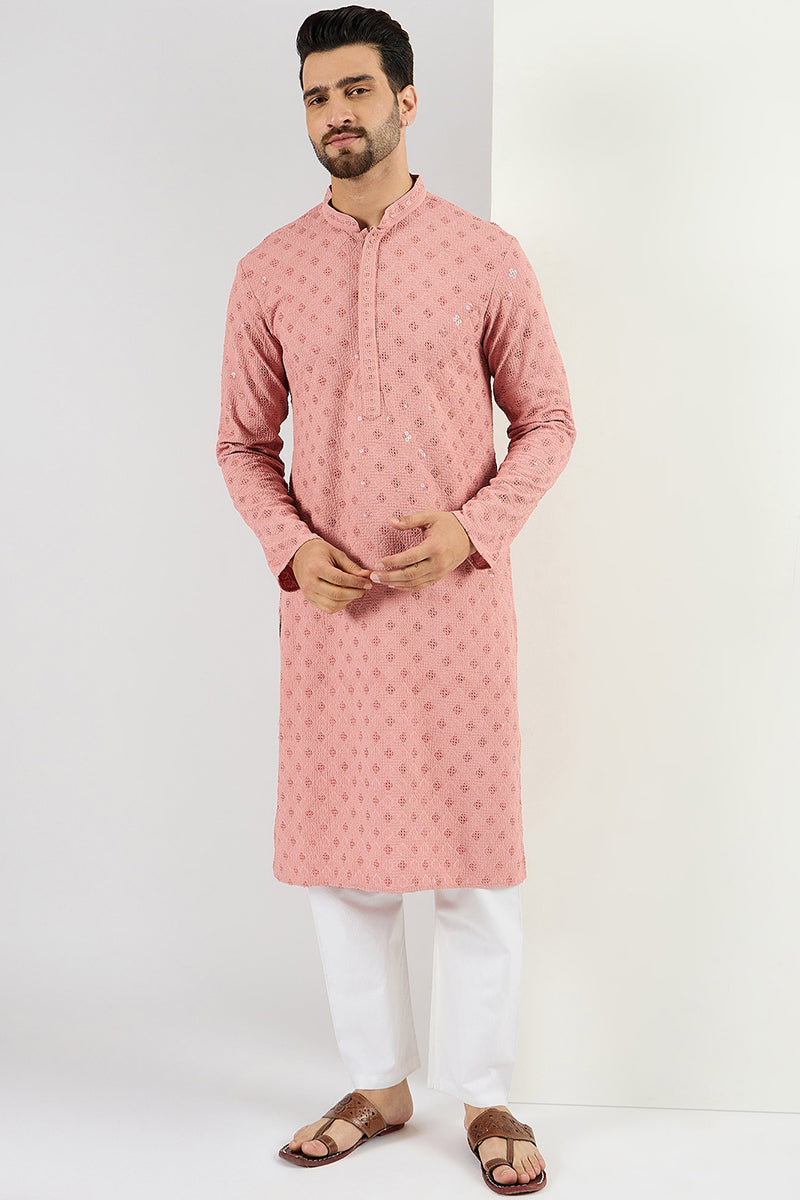 Pink Viscose Rayon Solid Embroidered Long Straight Kurta Fo