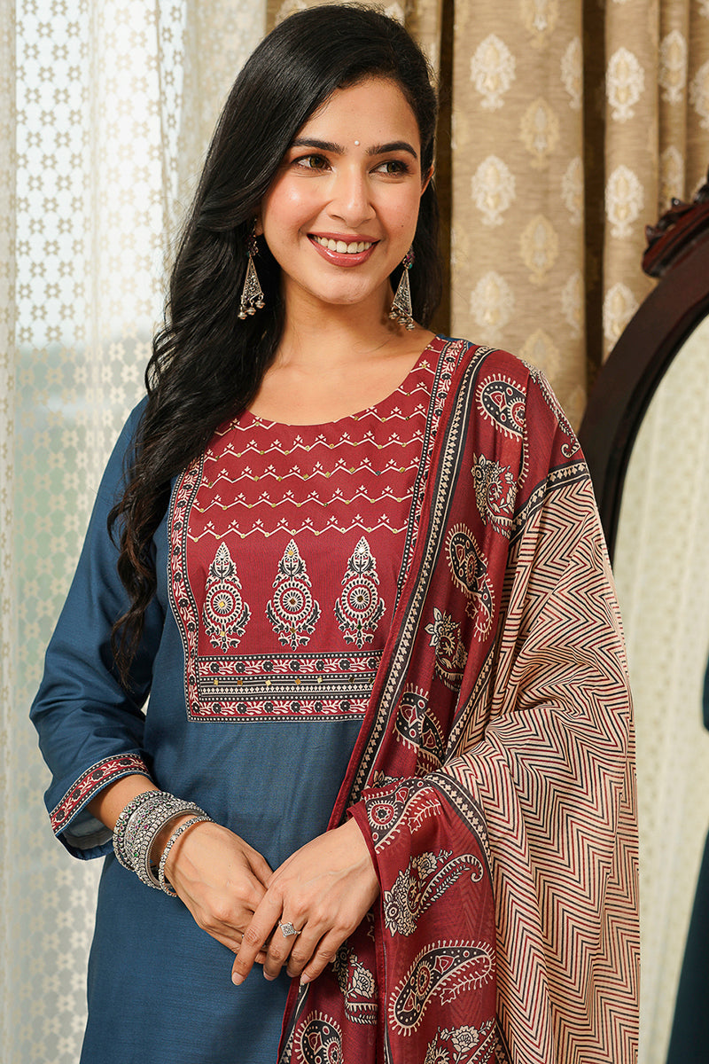 Blue Rayon Blend Ajrakh Printed Straight Kurta Trousers With Dupatta PKSKD3089