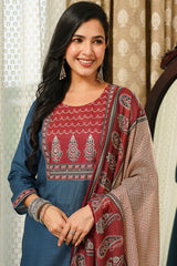 Blue Cotton Blend Ajrakh Printed Straight Kurta Trousers With Dupatta PKSKD3089