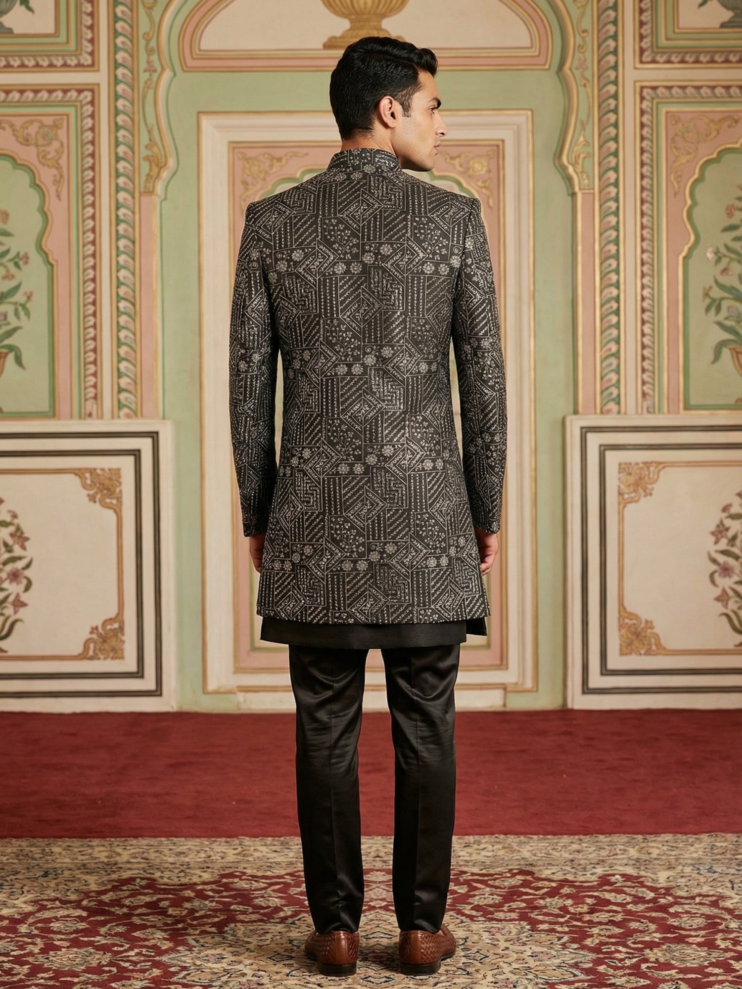 DesiQlo Men Embroidered Indo Western Set - Black - 50JIND_124Black_S