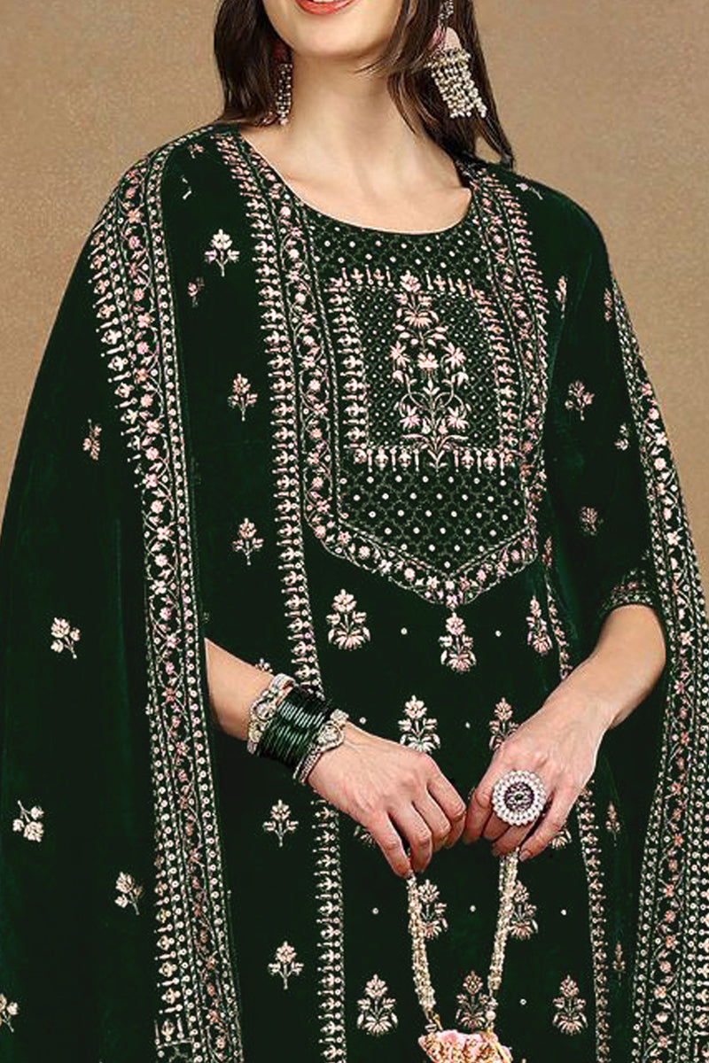 Green Velvet Ethnic Motifs Printed Straight Suit Set PKSKD2772 | DesiQ