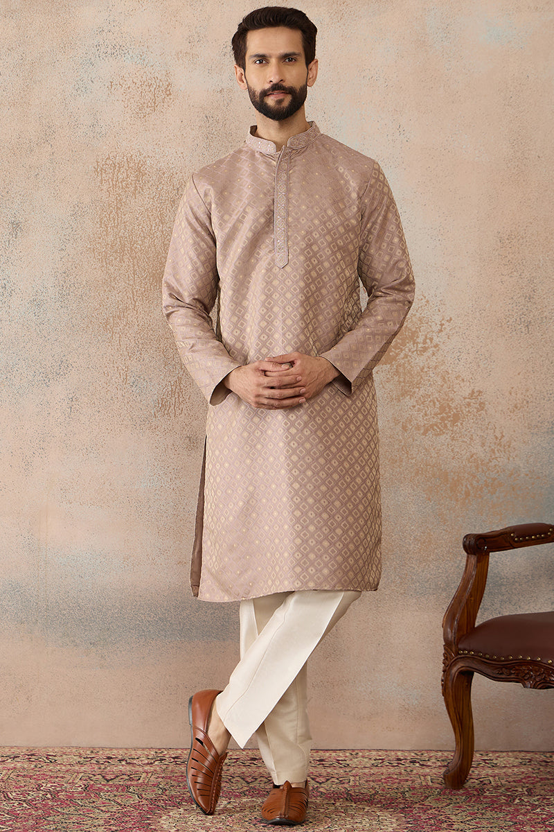 Taupe Jacquard Ethnic Motifs Embroidered Kurta With Trouser MKSET2324