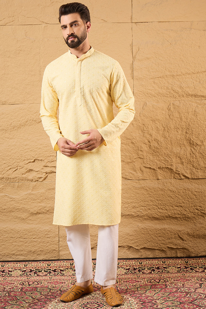 Yellow Rayon Blend Solid Embroidered Straight Kurta MKU1218