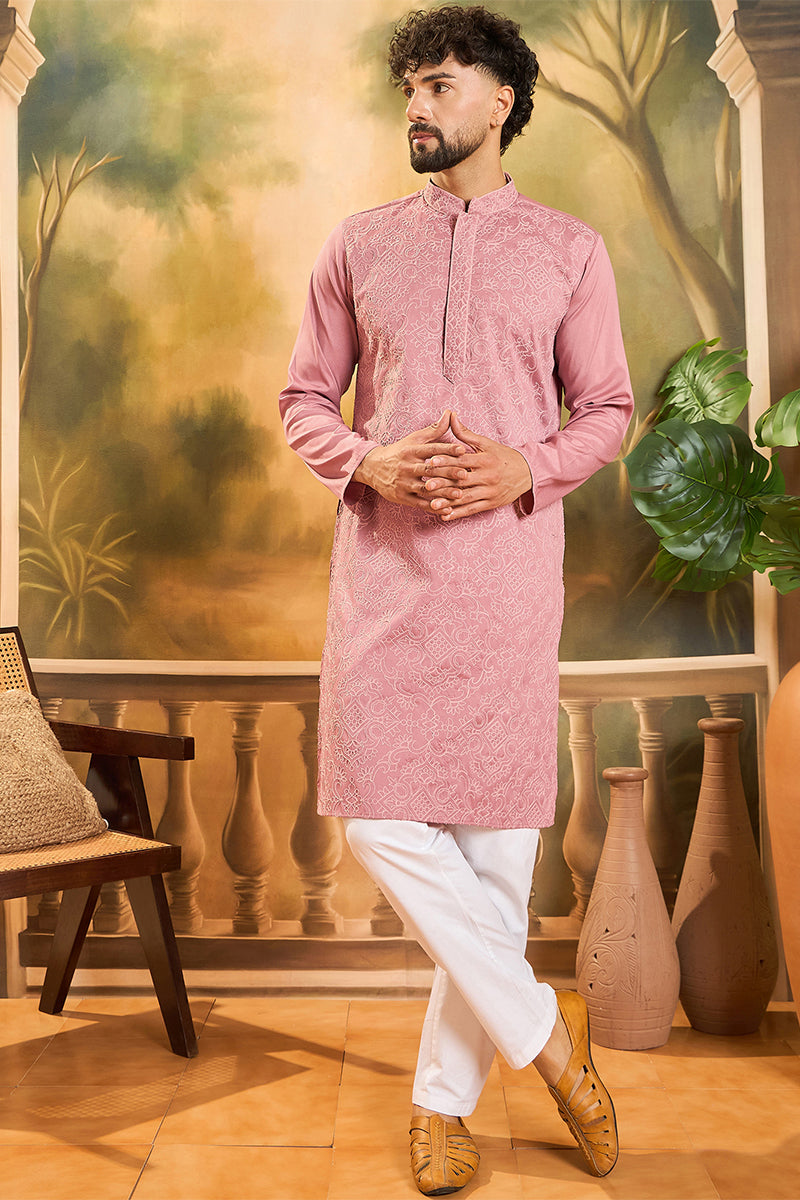 Mauve Silk Blend Solid Embroidered Straight Kurta MKU1496