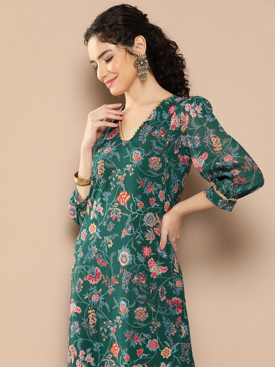Green Floral Kurta Palazzo Set with Gotta Patti Detailing