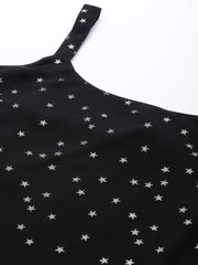 Black Silver Foil Printed Shoulder Straps Net Tunic-AHTUNTFP-8126