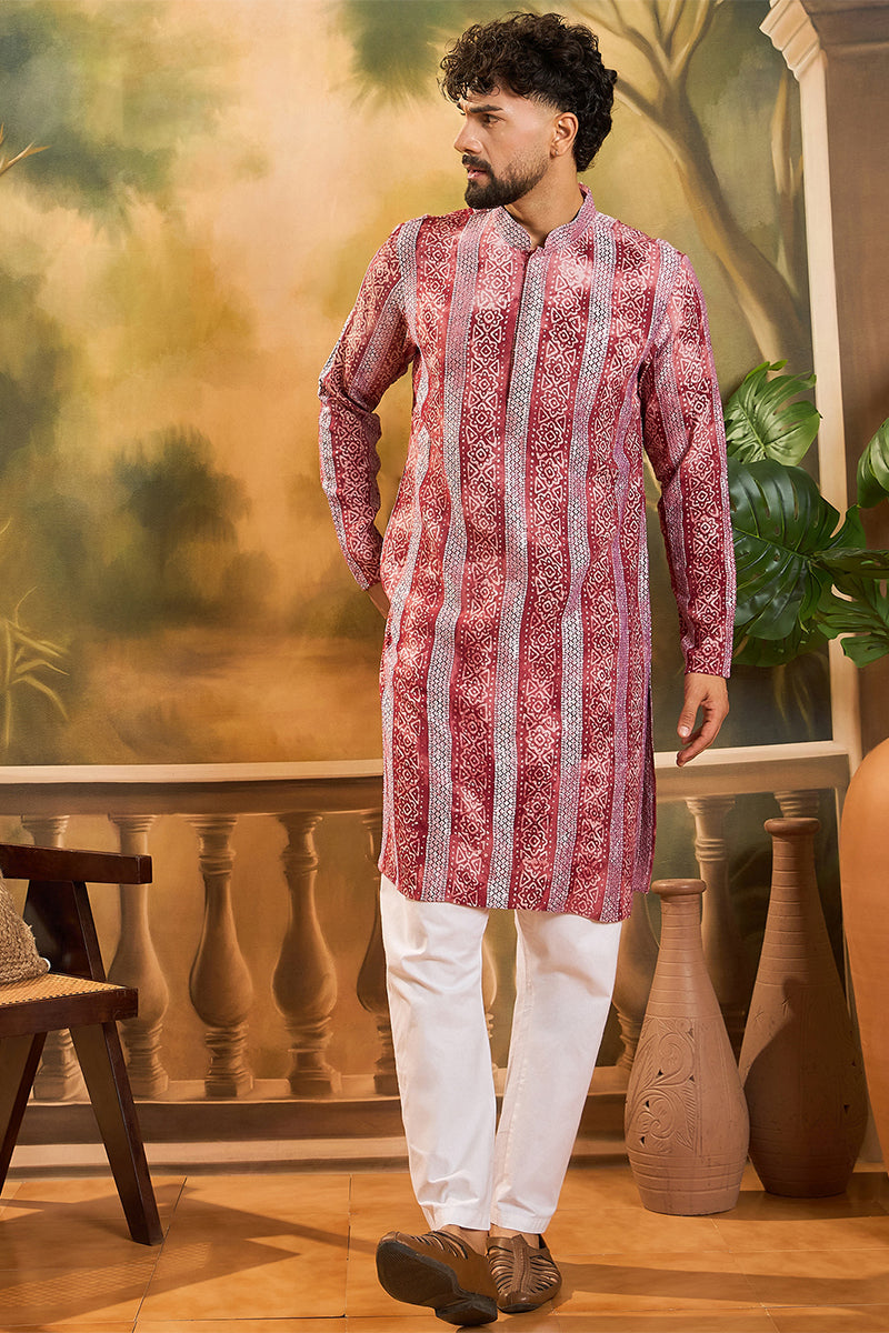 Red Viscose Rayon Batik Embroidered Straight Kurta MKU1482