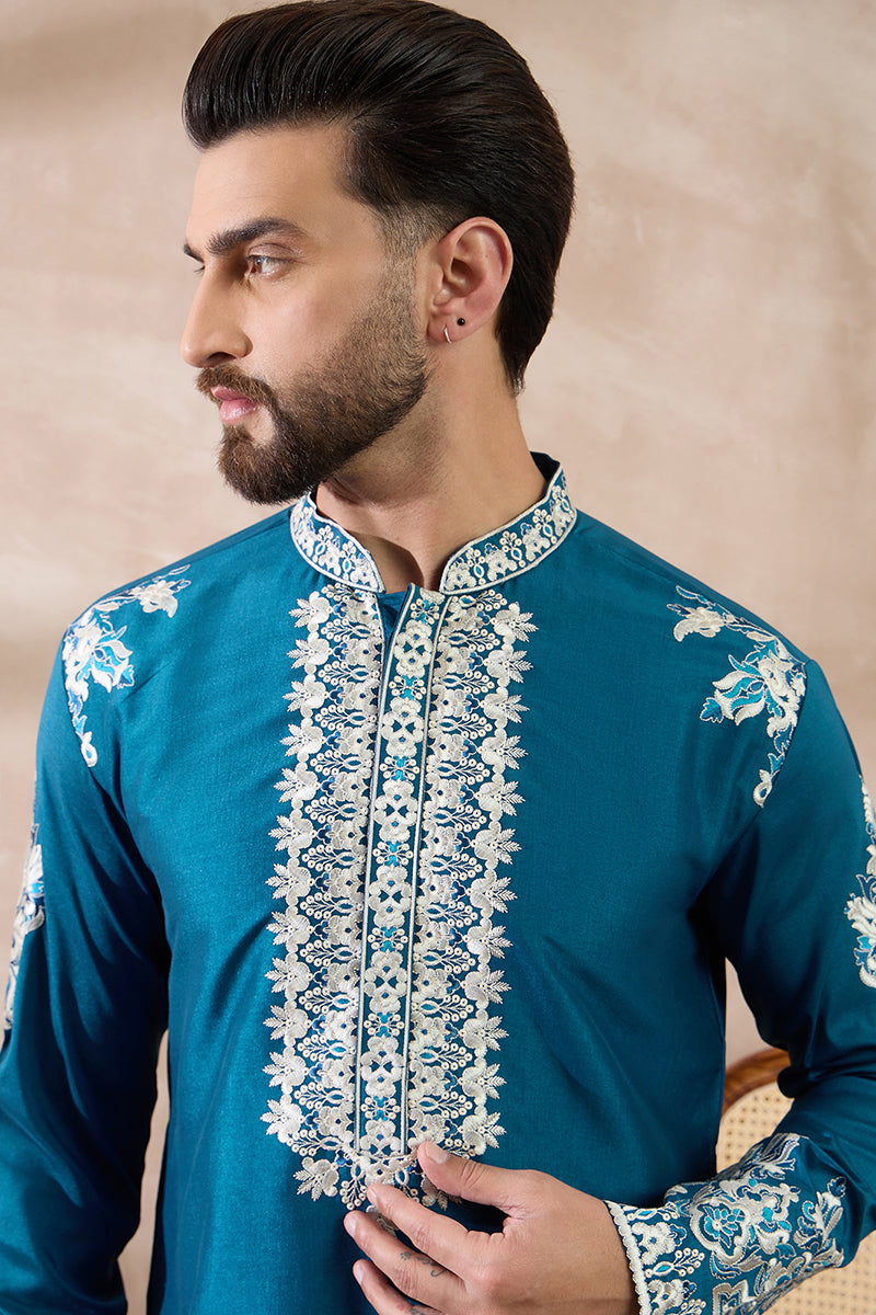 Blue Silk Blend Embroidered Mandarin Collar Straight Kurta With Trouse