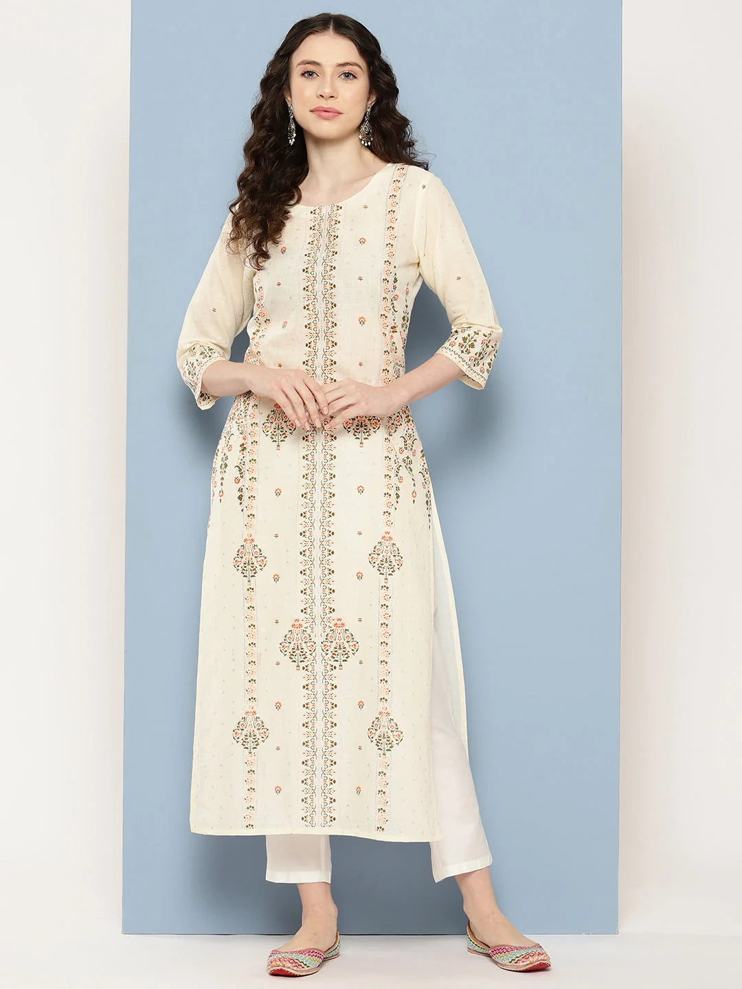 Printed Viscose Kurta - Beige & Maroon Indian Kurta Ladies