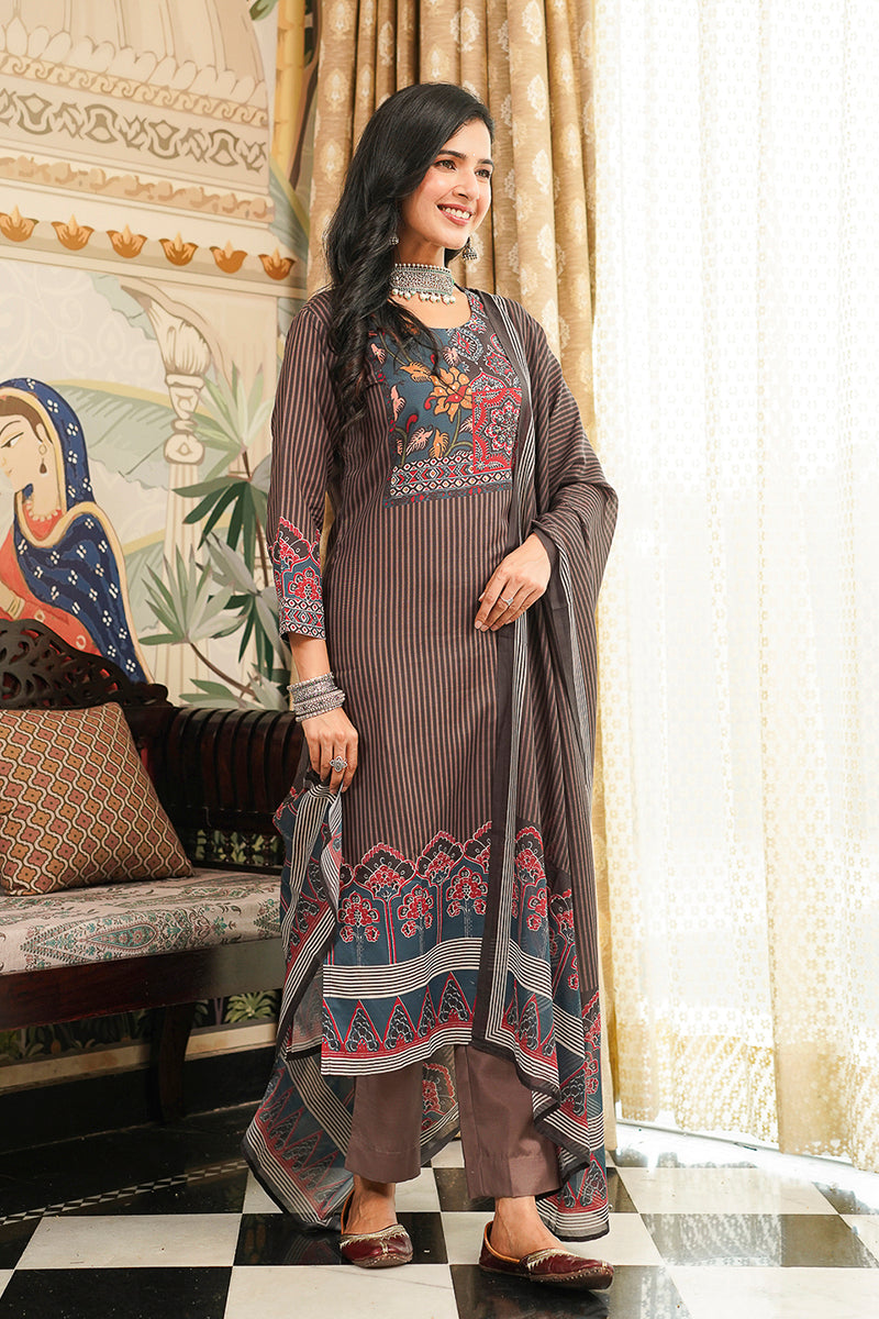 Brown Rayon Blend Ethnic Motifs Printed Straight Kurta Trousers With Dupatta PKSKD3072
