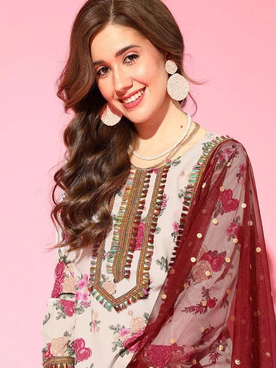Beige Floral Kurta Palazzo Set with Dupatta | Women's Style