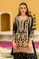 Black Chinon Chiffon Embroidered Straight Kurta Sharara with Dupatta PKSKD2892