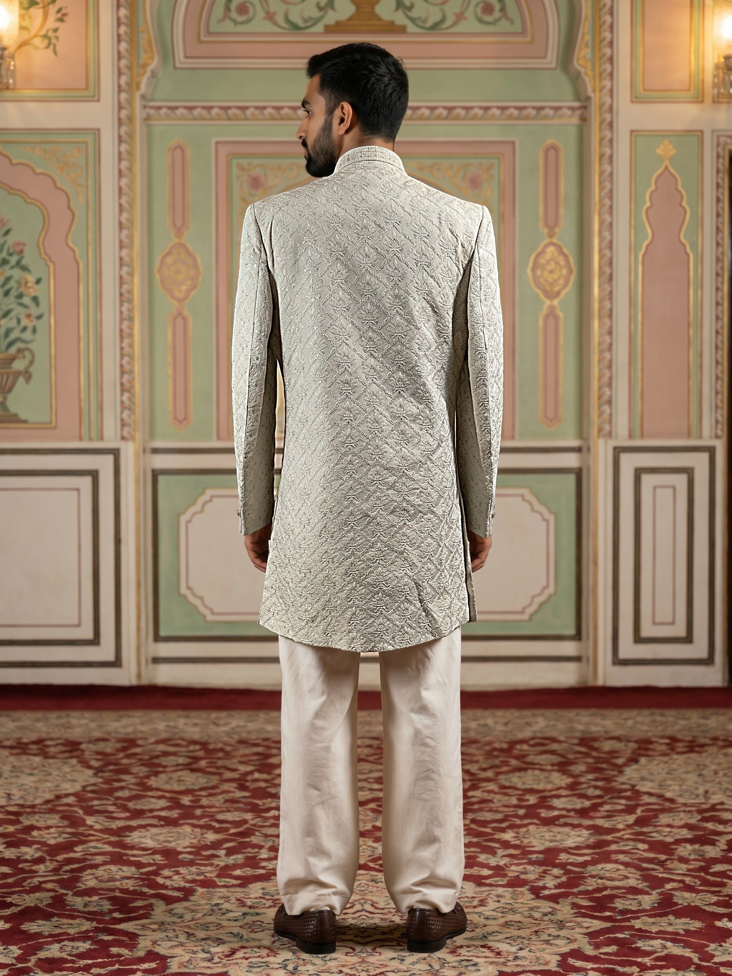 DesiQlo Men Embroidered Indo Western Set - Beige - 50JIND_235Beige_S