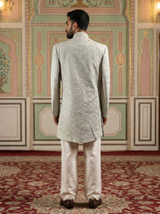 Men's Silk Blend Embroidered Indo-Western Set ( 50JIND 235Beige )