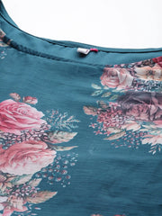 Green Printed Plus Size Maxi Ethnic Dress with Cape-AP-AHKUCRCFDP-786