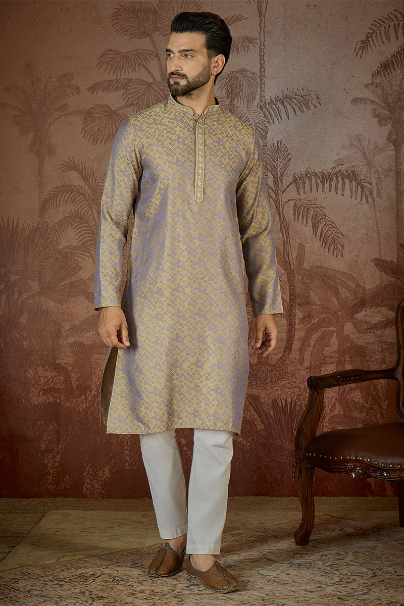 Grey Jacquard Geometric Embroidered Kurta With Trouser MKSET2548