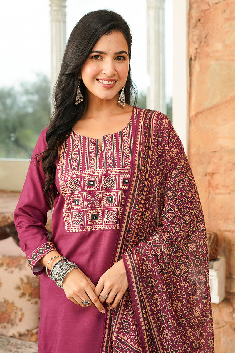 Purple Rayon Blend Ajrakh Printed Straight Kurta Trousers With Dupatta PKSKD3064