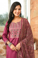 Purple Cotton Blend Ajrakh Printed Straight Kurta Trousers With Dupatta PKSKD3064