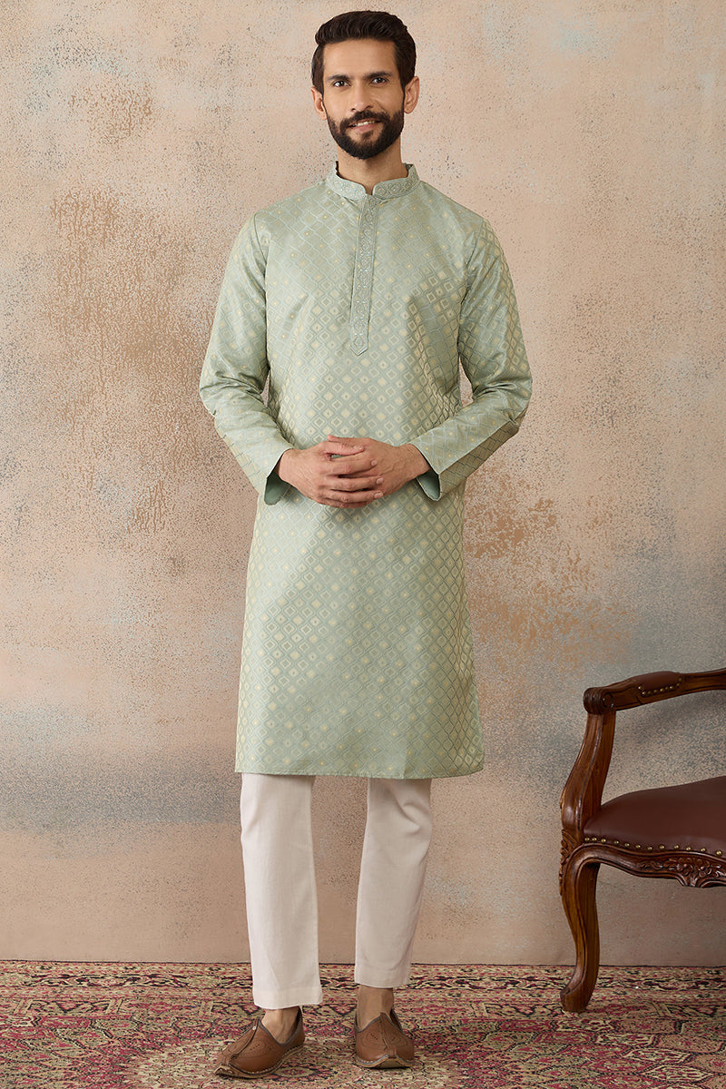 Teal Jacquard Ethnic Motifs Embroidered Kurta MKU2240