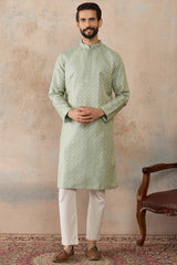 Teal Jacquard Ethnic Motifs Embroidered Kurta MKU2240
