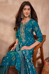 Silk Blend Ethnic Motifs Printed Blue Kurta And Trousers With Dupatta PKSKD3230
