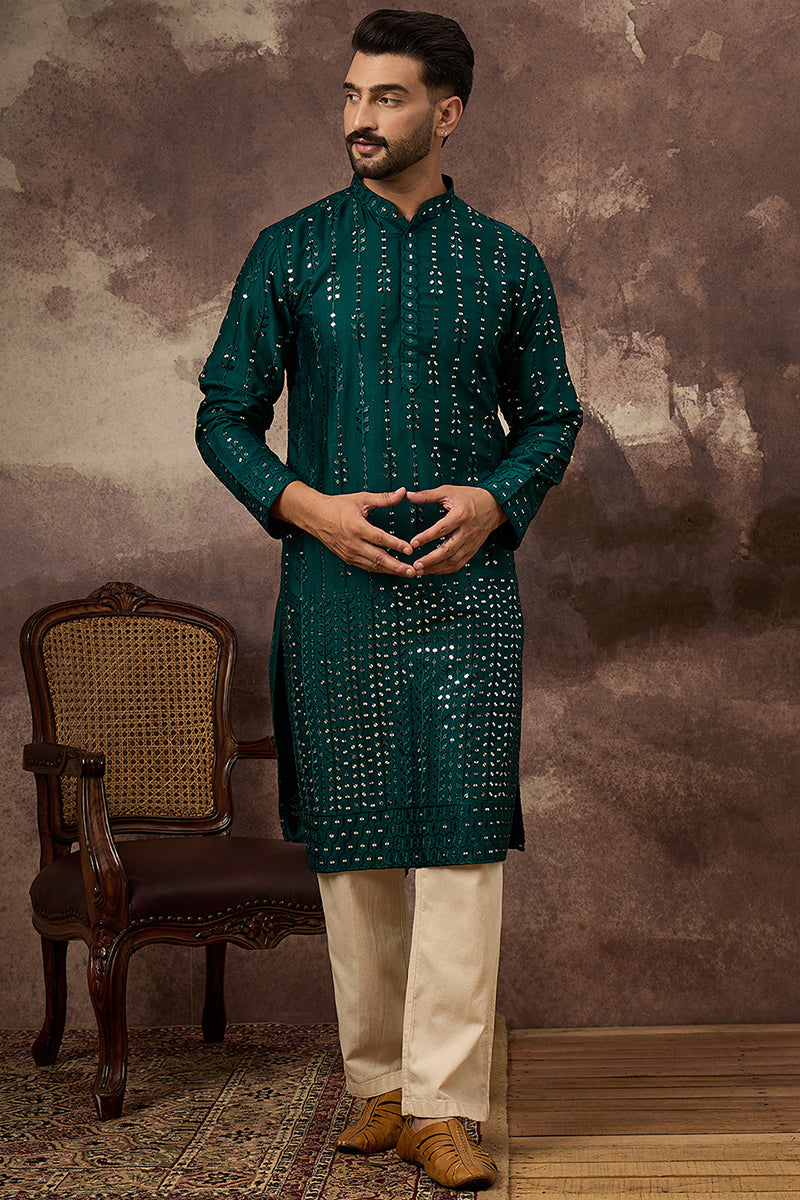 Teal Silk Blend Solid Embroidered Straight Kurta MKU1357
