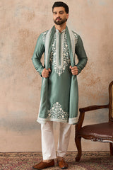 Green Silk Blend Solid Embroidered Kurta With Dupatta MKUD1040