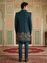 Men’s Peacock Blue Heavily Embroidered Indo-Western Set ( 50JIND 127Peacock S )