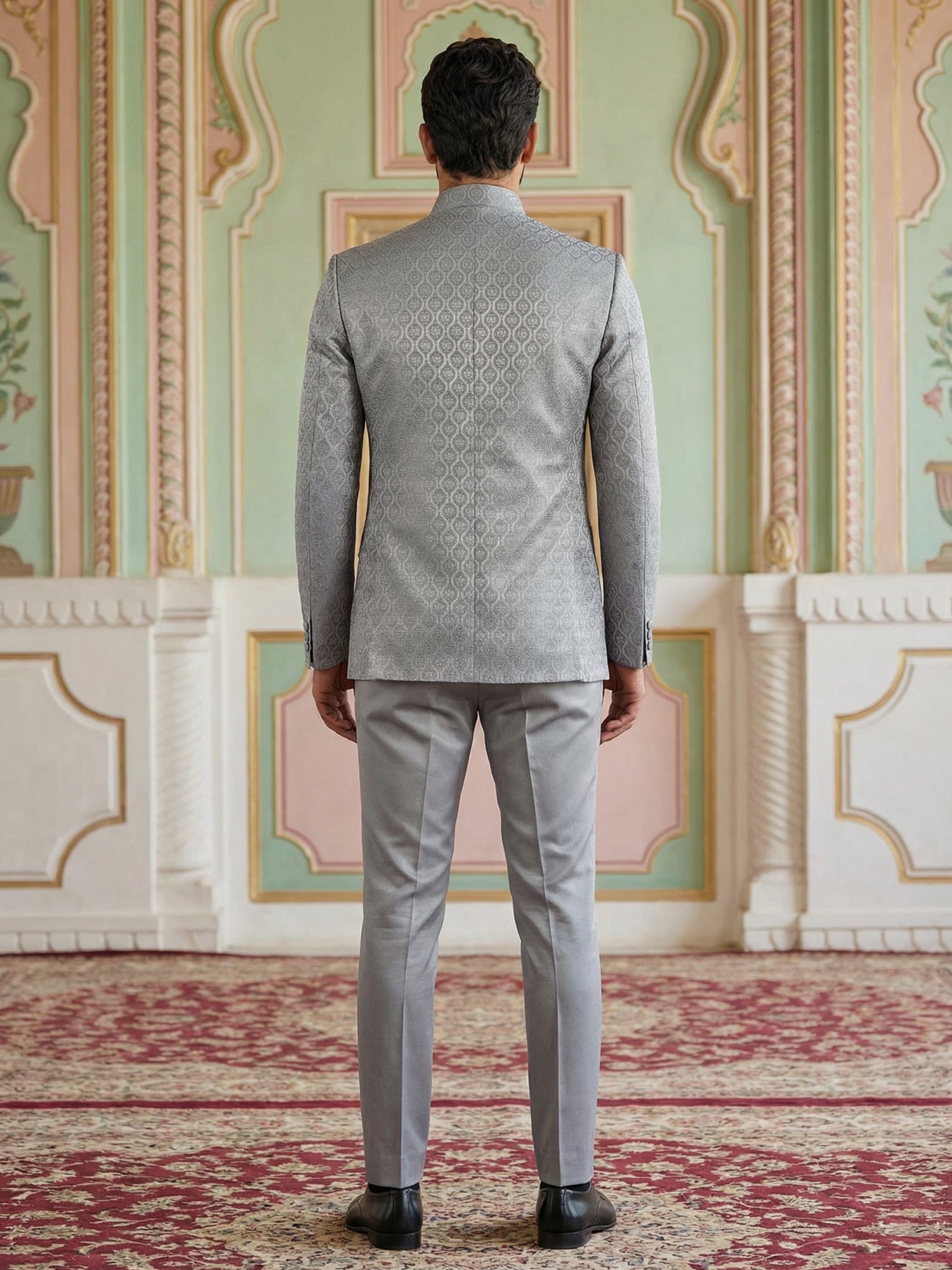 DesiQlo Men Self Design Indo Western Set - Grey - 50JIND_155Grey_S