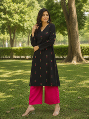 Black Floral Embroidered V-Neck Kurta with Pink Palazzo Set for Women