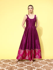 Purple Poly Silk Printed Maxi Dress-AHEDPSGP-181-FF